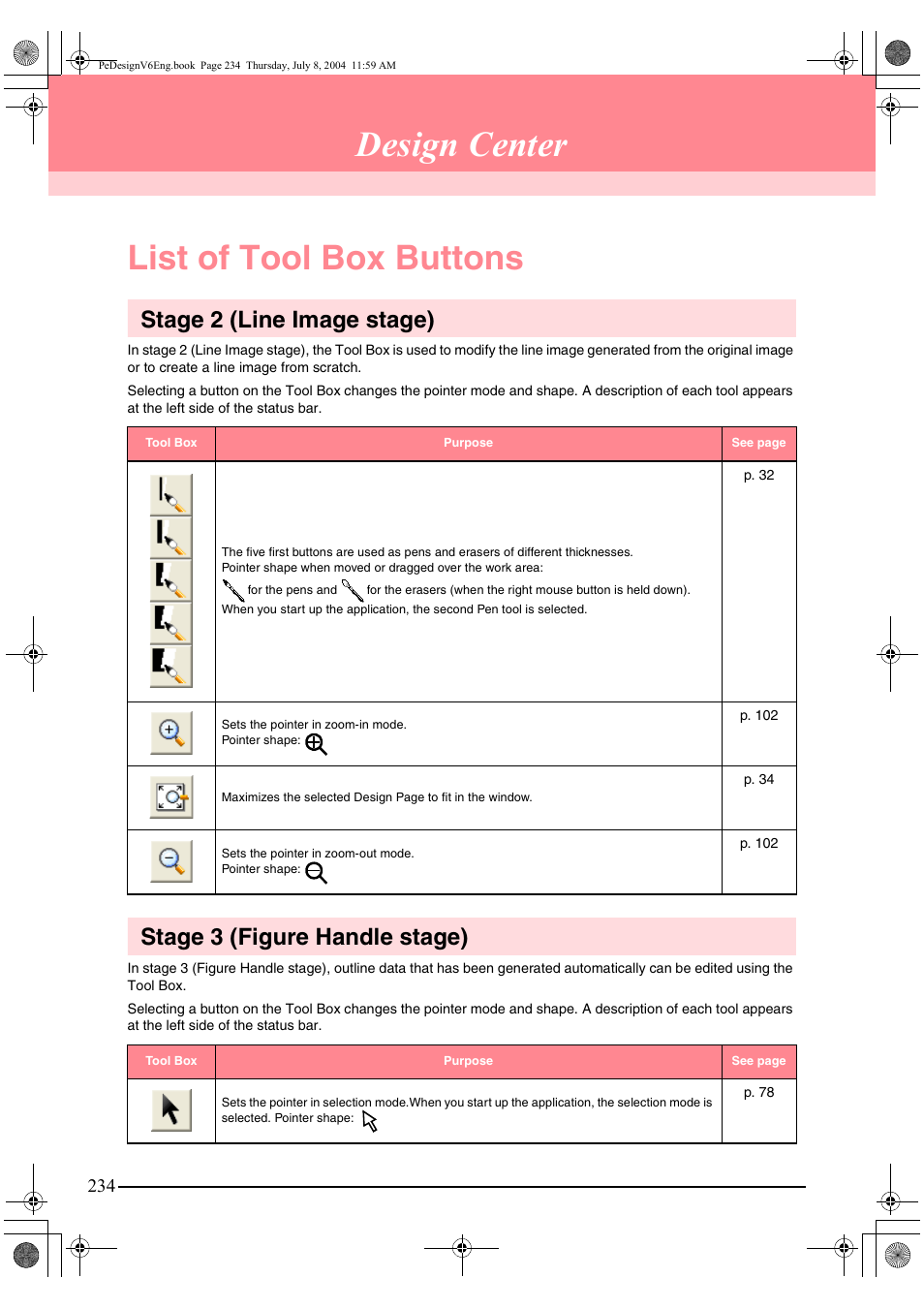 Design center, List of tool box buttons, Stage 2 (line image stage) | Stage 3 (figure handle stage) | Brother PE-DESIGN Ver.6 User Manual | Page 242 / 272