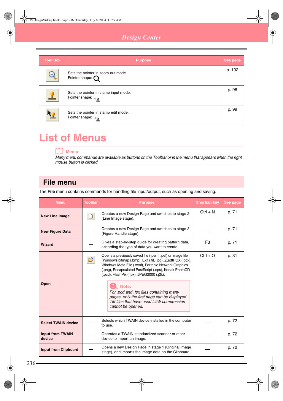 List of menus, File menu, Design center | Brother PE-DESIGN Ver.6 User Manual | Page 244 / 272