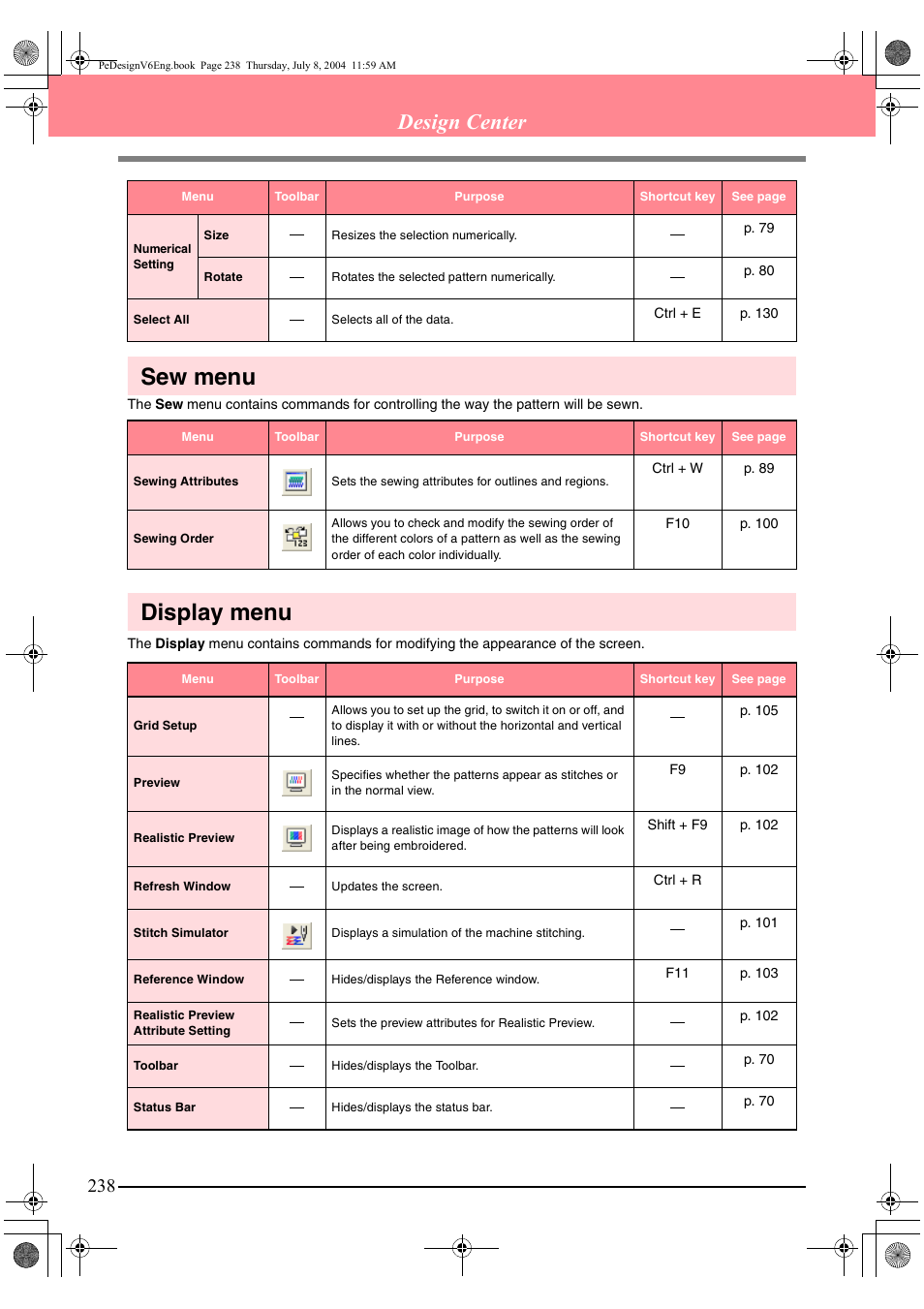 Sew menu, Display menu, Design center | Brother PE-DESIGN Ver.6 User Manual | Page 246 / 272