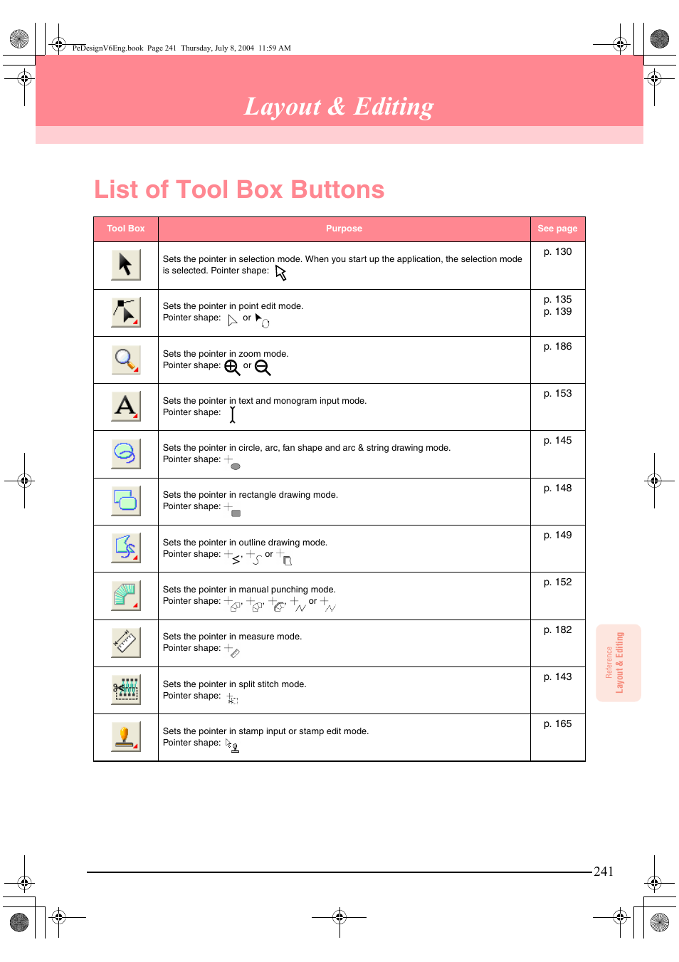 Layout & editing, List of tool box buttons | Brother PE-DESIGN Ver.6 User Manual | Page 249 / 272