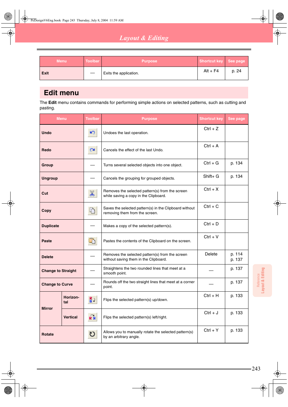 Edit menu, Layout & editing | Brother PE-DESIGN Ver.6 User Manual | Page 251 / 272