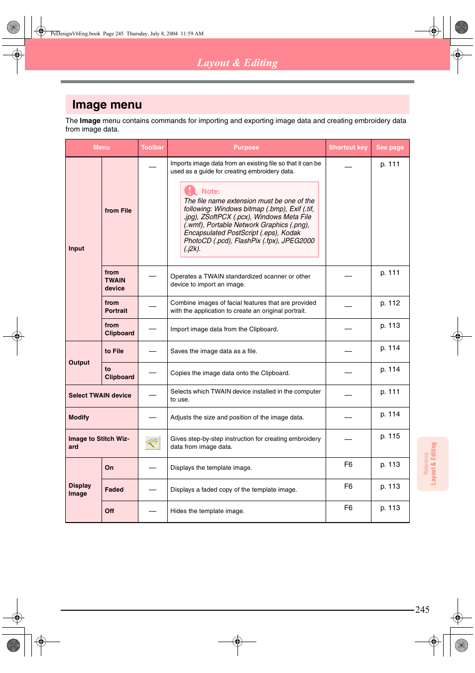 Image menu, Layout & editing | Brother PE-DESIGN Ver.6 User Manual | Page 253 / 272