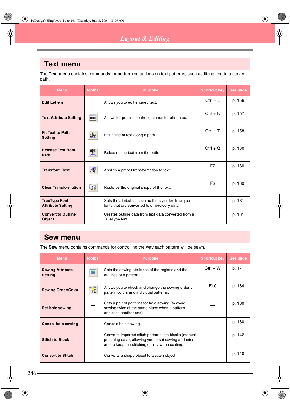 Text menu, Sew menu, Layout & editing | Brother PE-DESIGN Ver.6 User Manual | Page 254 / 272