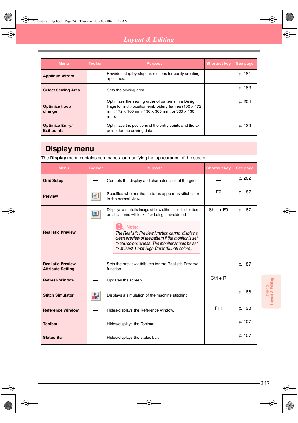 Display menu, Layout & editing | Brother PE-DESIGN Ver.6 User Manual | Page 255 / 272
