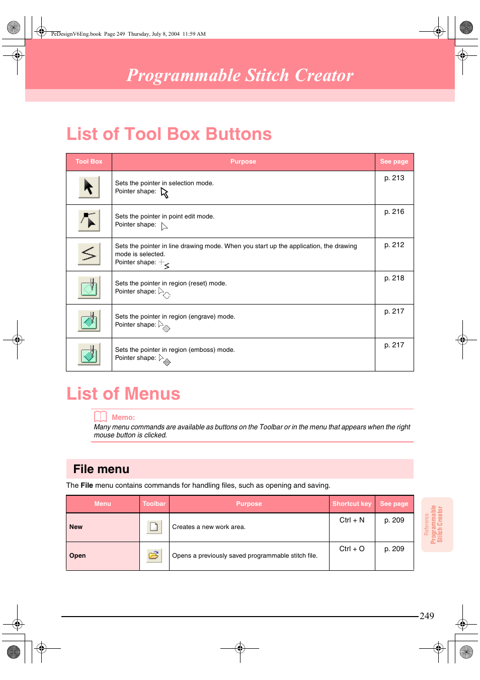 Programmable stitch creator, List of tool box buttons list of menus, File menu | Brother PE-DESIGN Ver.6 User Manual | Page 257 / 272