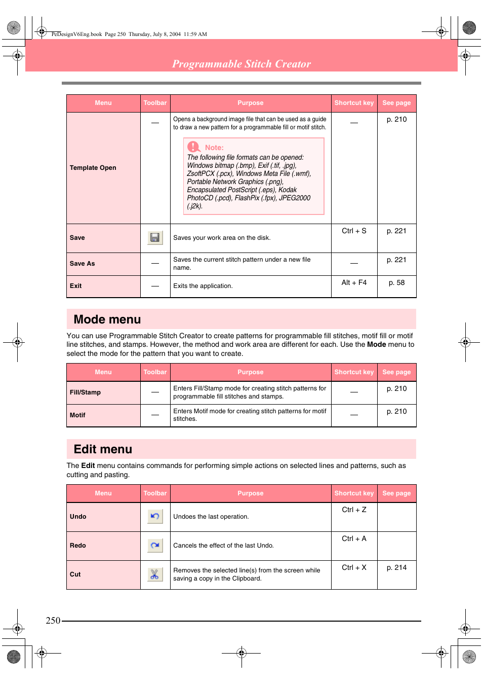 Mode menu, Edit menu, Programmable stitch creator | Brother PE-DESIGN Ver.6 User Manual | Page 258 / 272