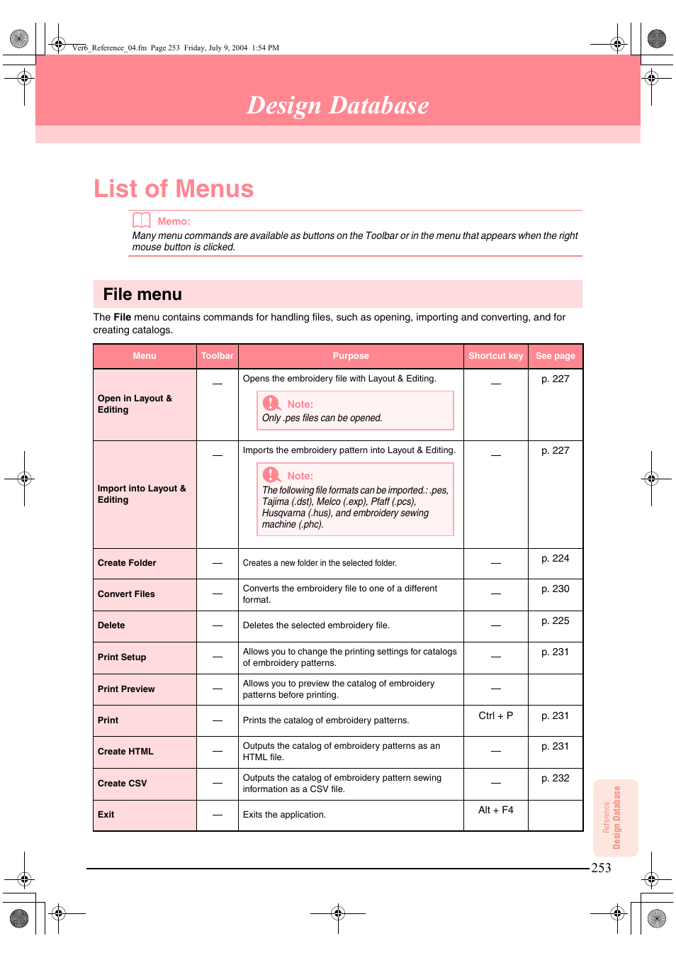 Design database, List of menus, File menu | Brother PE-DESIGN Ver.6 User Manual | Page 261 / 272
