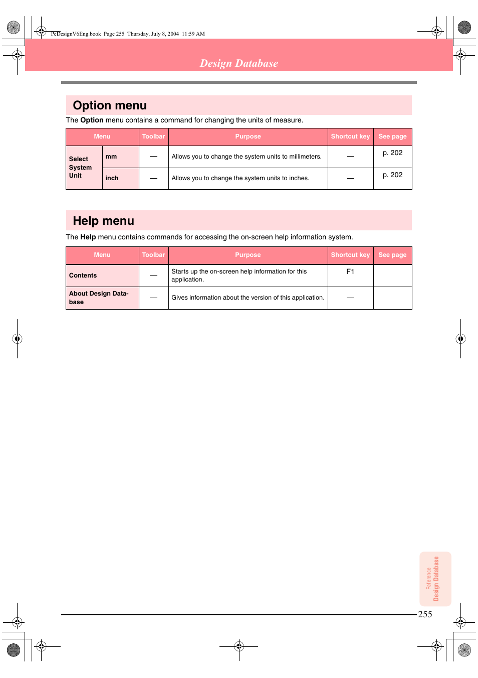 Option menu, Help menu, Design database | Brother PE-DESIGN Ver.6 User Manual | Page 263 / 272