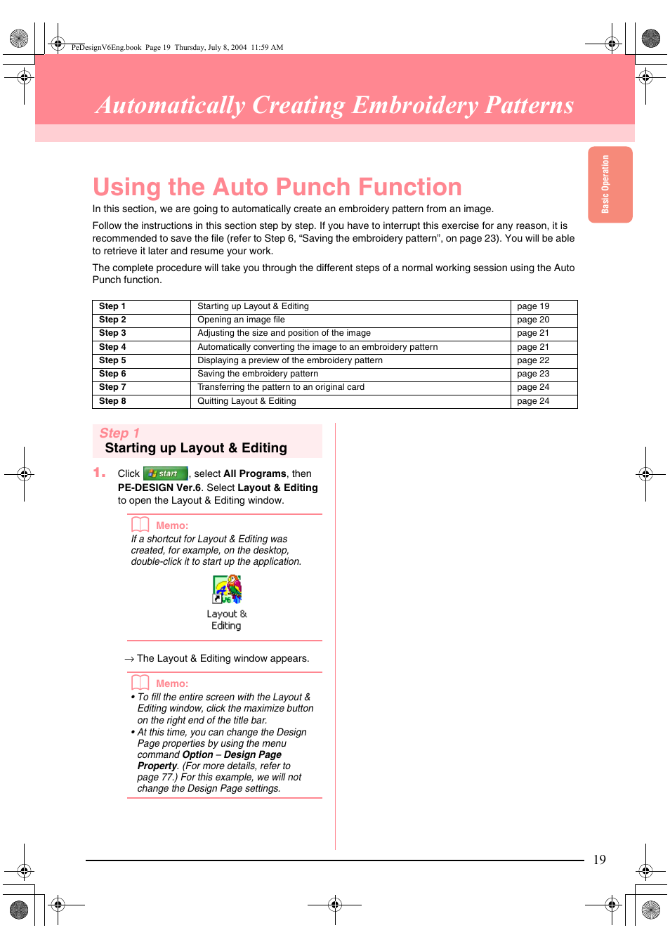 Automatically creating embroidery patterns, Using the auto punch function, Step 1 starting up layout & editing 1 | Brother PE-DESIGN Ver.6 User Manual | Page 27 / 272