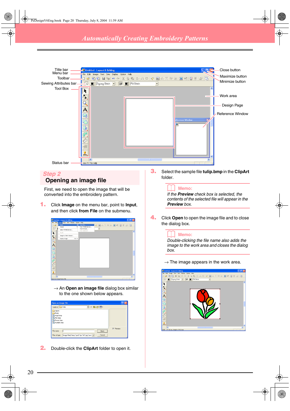 Automatically creating embroidery patterns, Step 2 opening an image file | Brother PE-DESIGN Ver.6 User Manual | Page 28 / 272