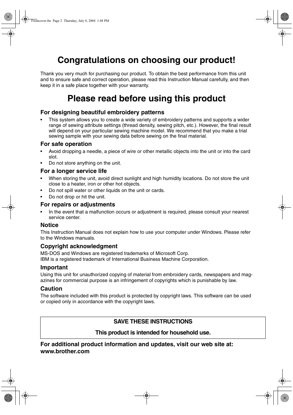 Please read before using this product | Brother PE-DESIGN Ver.6 User Manual | Page 3 / 272