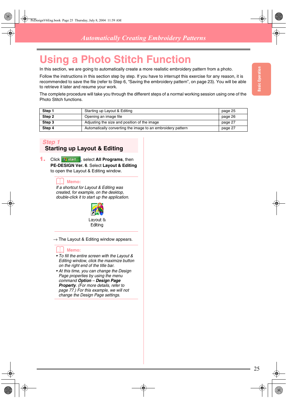 Using a photo stitch function, Automatically creating embroidery patterns, Step 1 starting up layout & editing 1 | Brother PE-DESIGN Ver.6 User Manual | Page 33 / 272