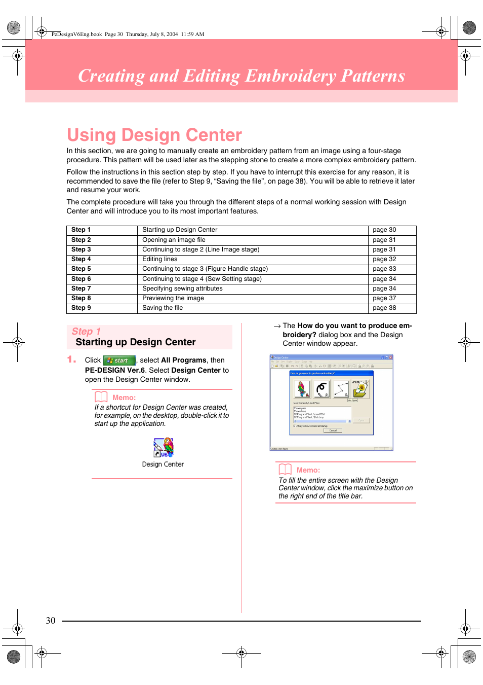 Creating and editing embroidery patterns, Using design center, Step 1 starting up design center 1 | Brother PE-DESIGN Ver.6 User Manual | Page 38 / 272