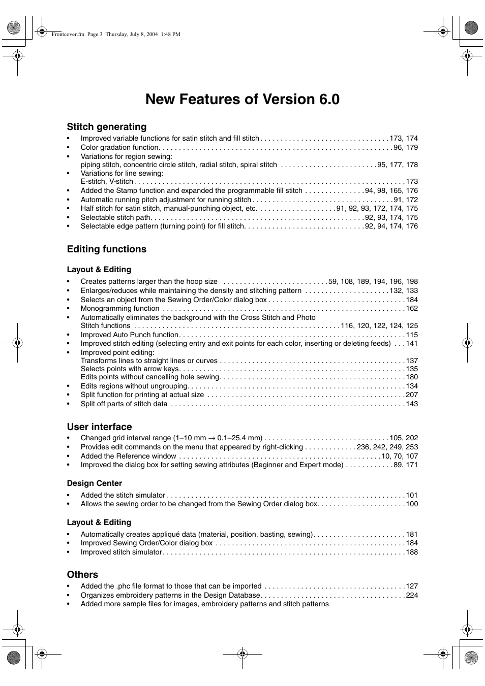 New features of version 6.0, Stitch generating, Editing functions | User interface, Others | Brother PE-DESIGN Ver.6 User Manual | Page 4 / 272