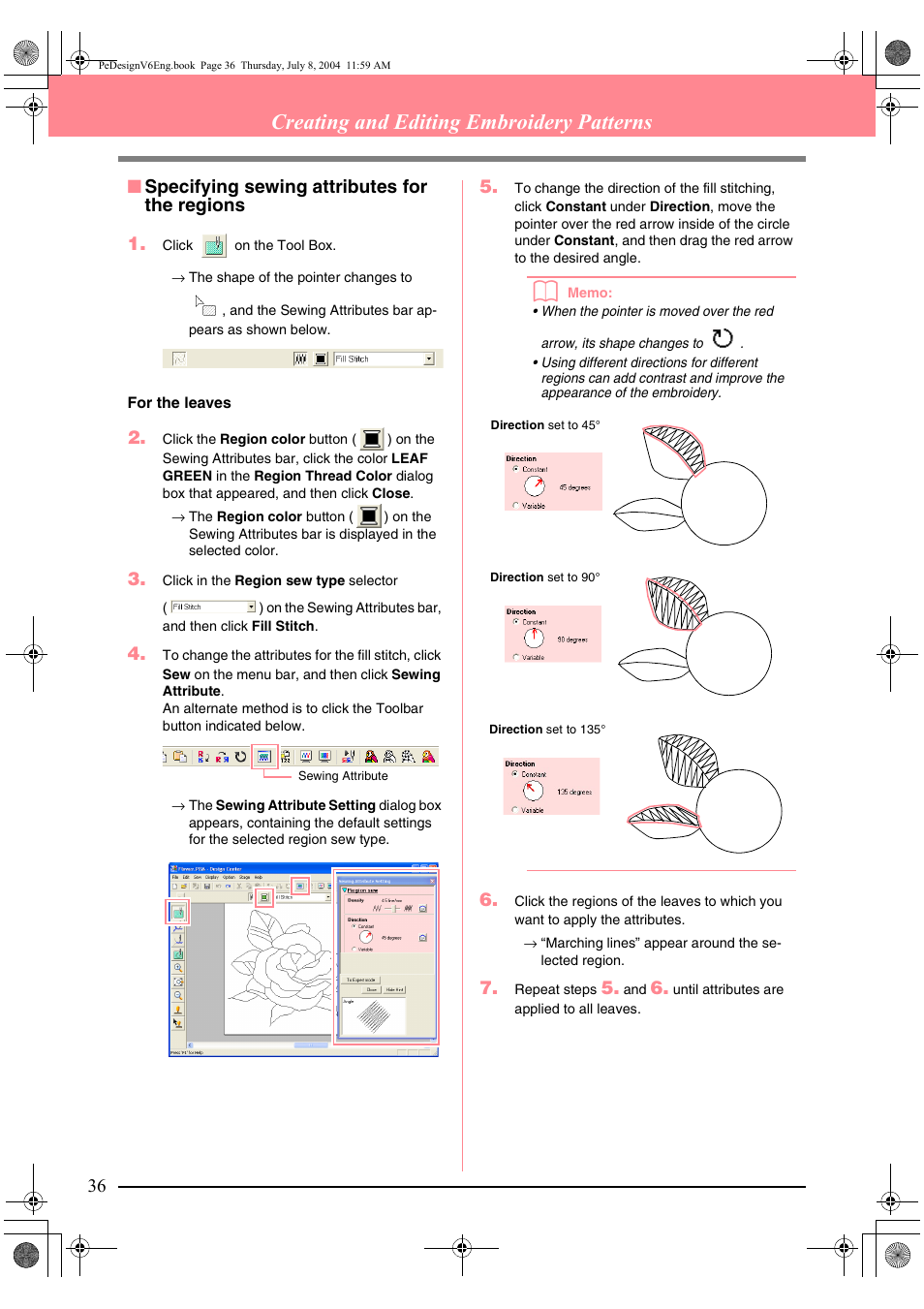 Creating and editing embroidery patterns, Specifying sewing attributes for the regions 1 | Brother PE-DESIGN Ver.6 User Manual | Page 44 / 272
