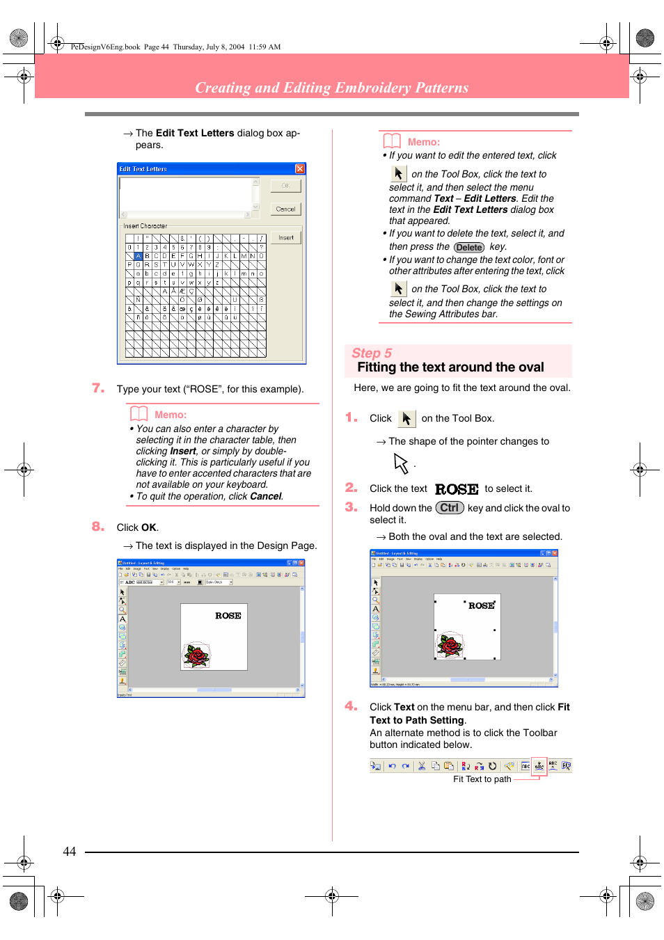 Creating and editing embroidery patterns, Step 5 fitting the text around the oval | Brother PE-DESIGN Ver.6 User Manual | Page 52 / 272