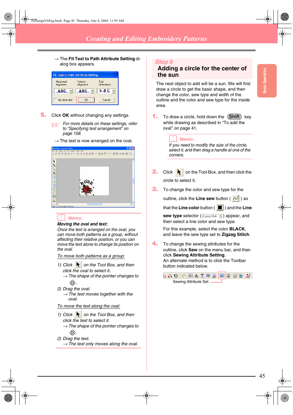 Creating and editing embroidery patterns, Step 6 adding a circle for the center of the sun | Brother PE-DESIGN Ver.6 User Manual | Page 53 / 272