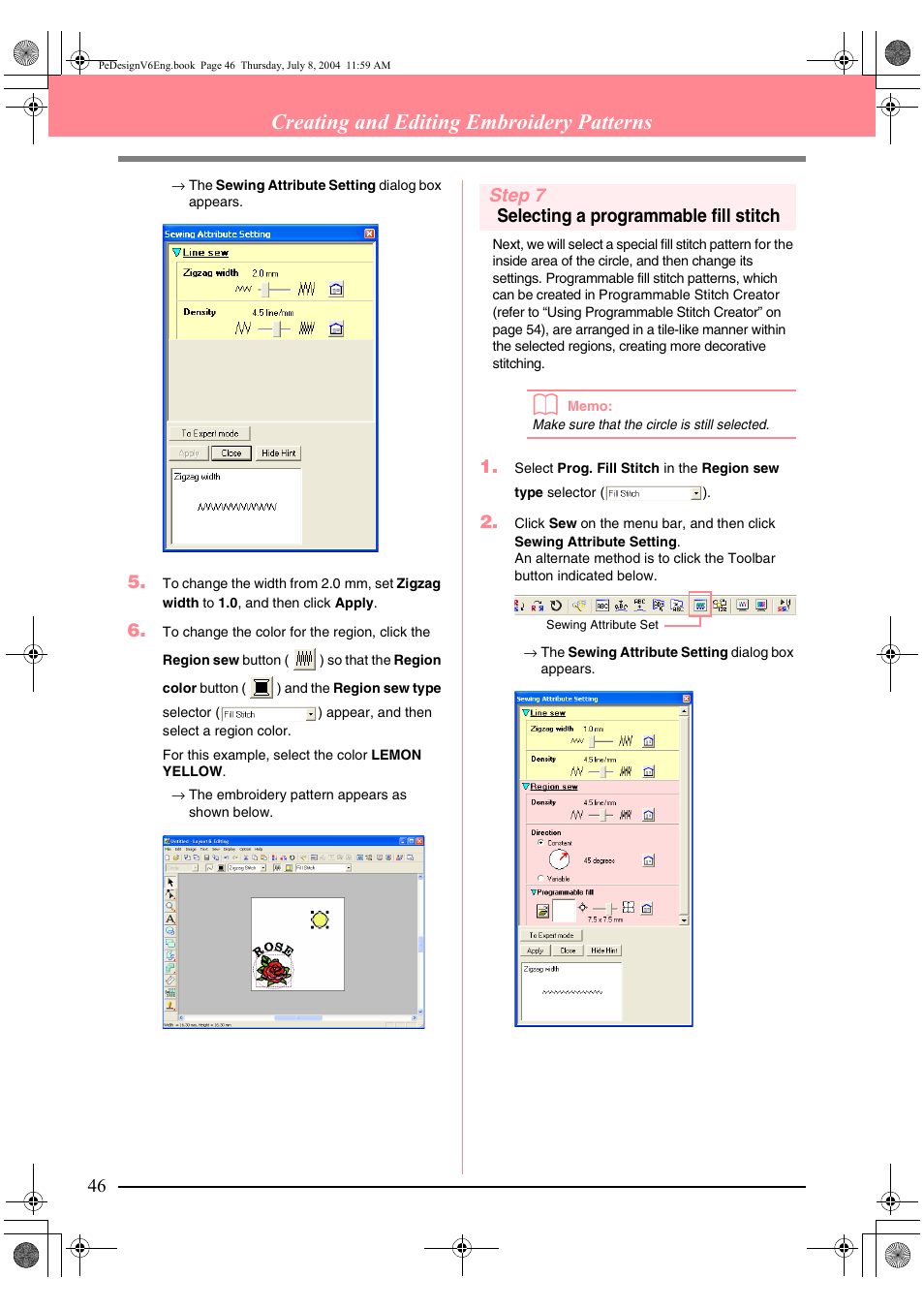 Creating and editing embroidery patterns, Step 7 selecting a programmable fill stitch | Brother PE-DESIGN Ver.6 User Manual | Page 54 / 272