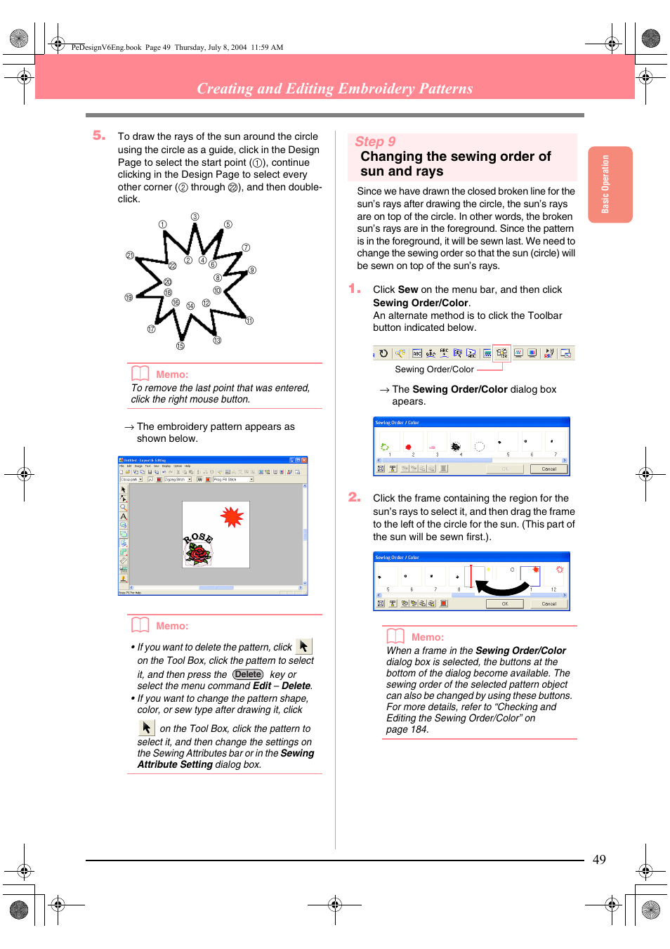 Creating and editing embroidery patterns, Step 9 changing the sewing order of sun and rays | Brother PE-DESIGN Ver.6 User Manual | Page 57 / 272