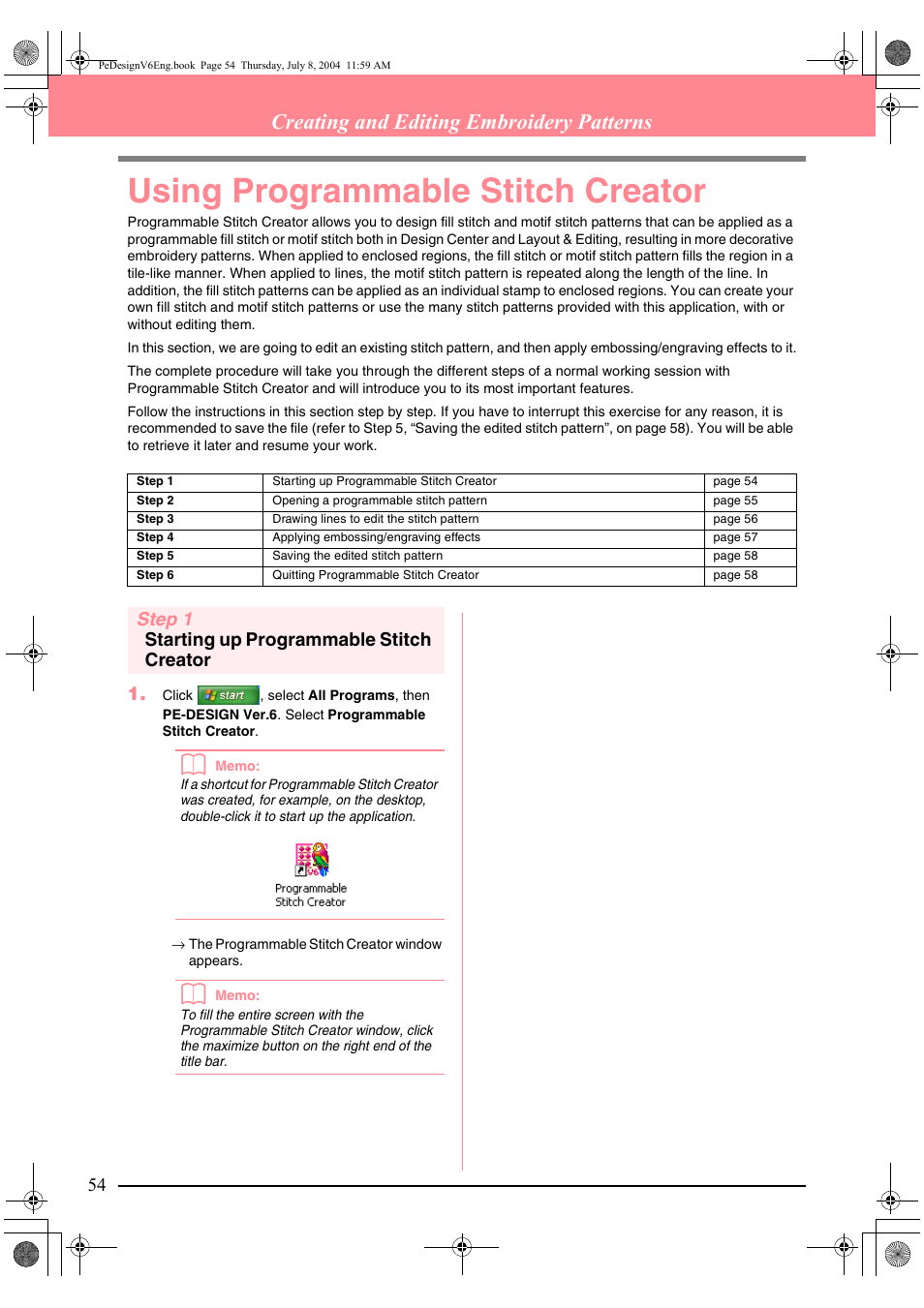 Using programmable stitch creator, Creating and editing embroidery patterns, Step 1 starting up programmable stitch creator 1 | Brother PE-DESIGN Ver.6 User Manual | Page 62 / 272
