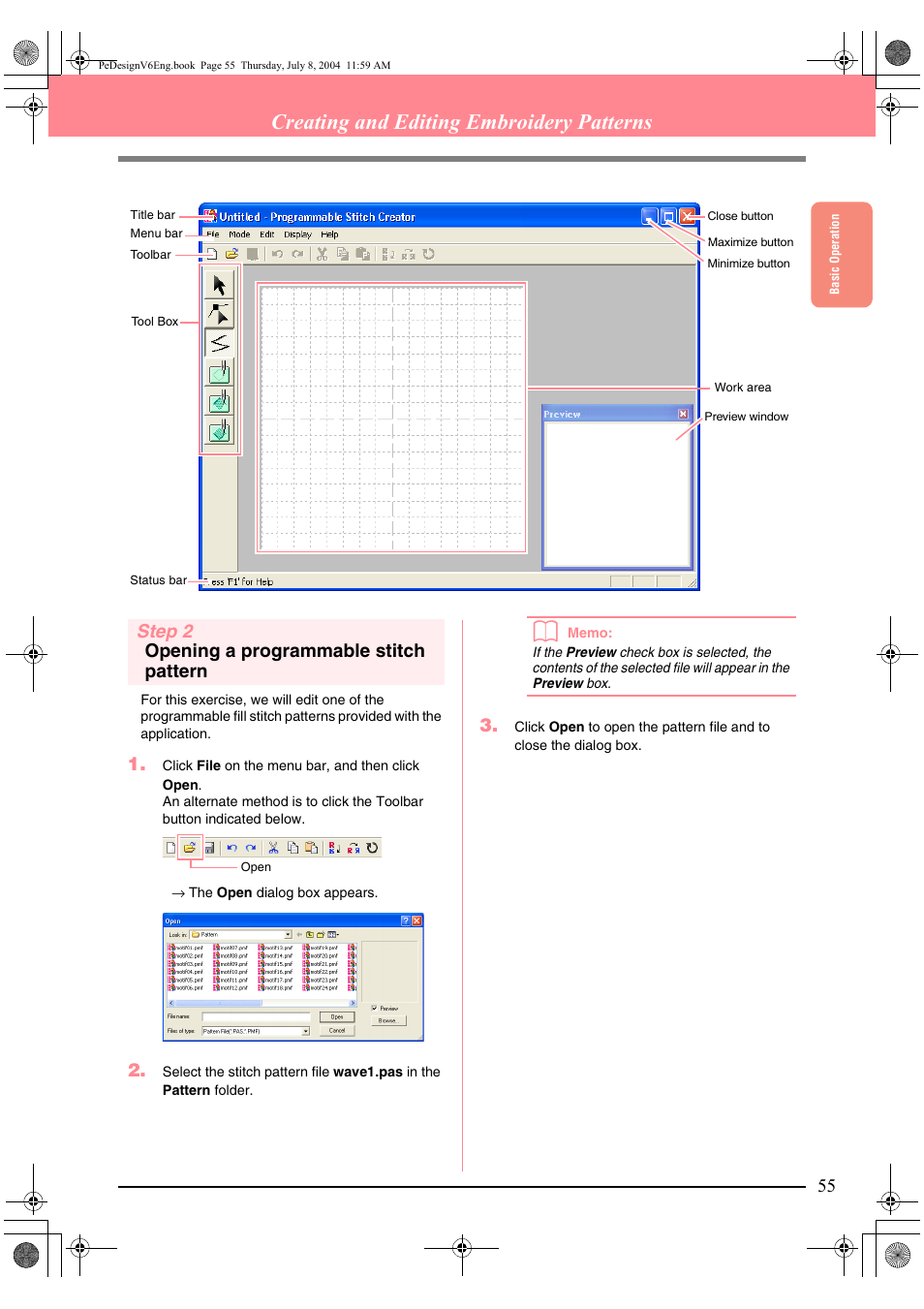 Creating and editing embroidery patterns, Step 2 opening a programmable stitch pattern | Brother PE-DESIGN Ver.6 User Manual | Page 63 / 272