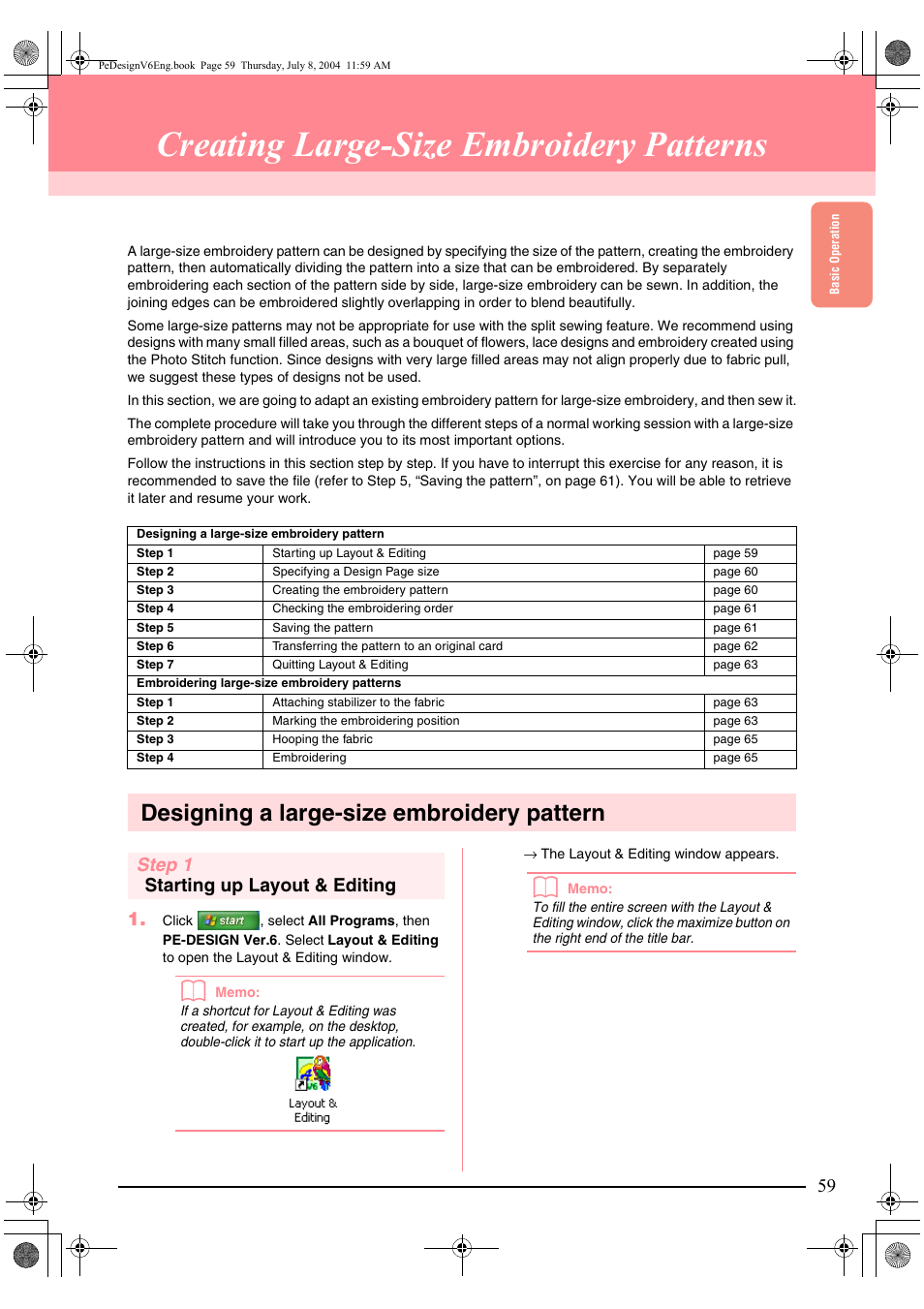 Creating large-size embroidery patterns, Designing a large-size embroidery pattern, Step 1 starting up layout & editing 1 | Brother PE-DESIGN Ver.6 User Manual | Page 67 / 272