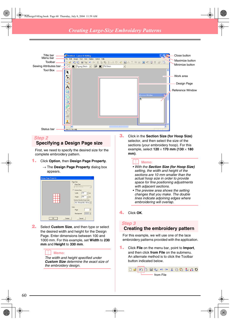Creating large-size embroidery patterns, Step 2 specifying a design page size, Step 3 creating the embroidery pattern | Brother PE-DESIGN Ver.6 User Manual | Page 68 / 272
