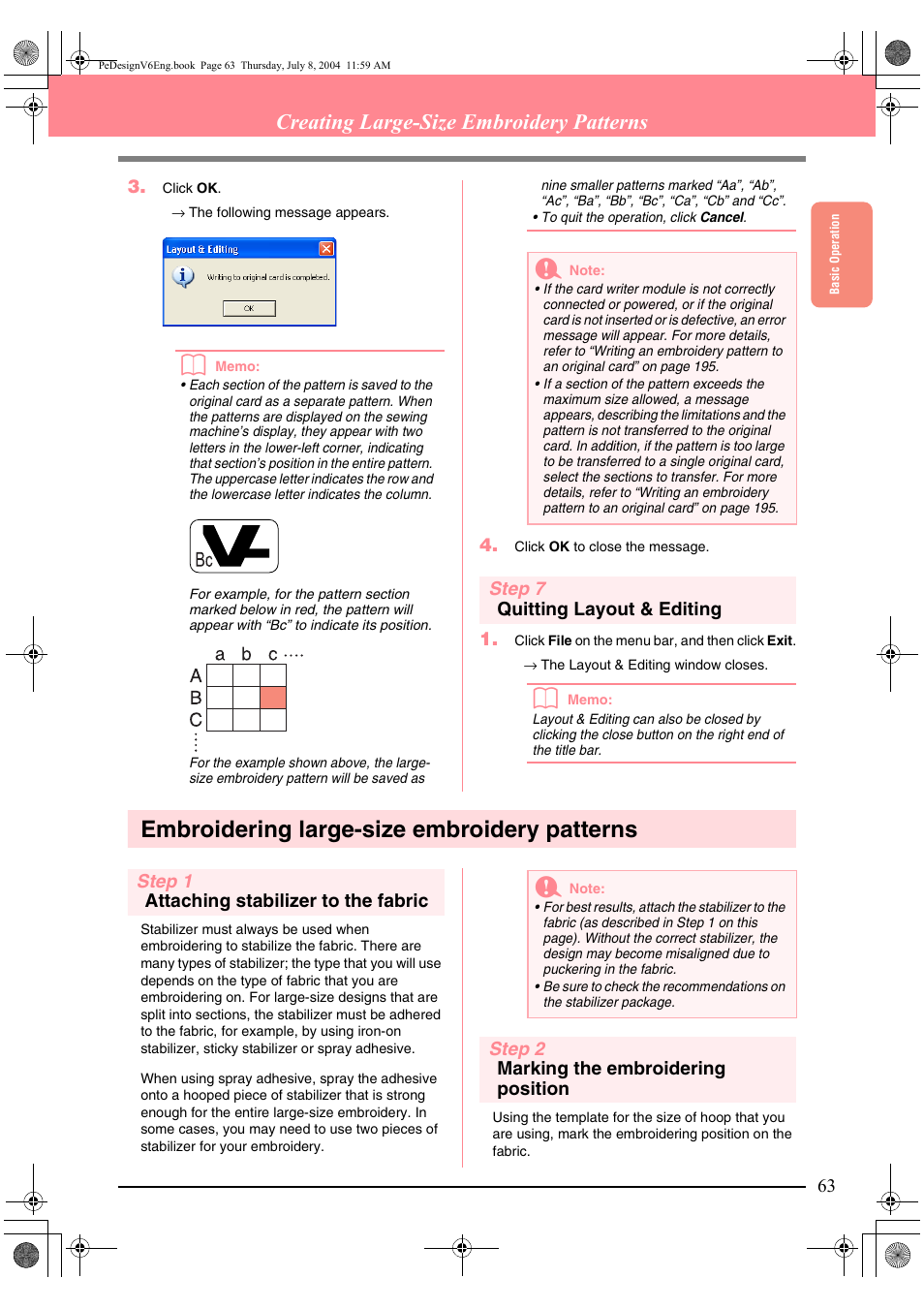 Embroidering large-size embroidery patterns, Creating large-size embroidery patterns | Brother PE-DESIGN Ver.6 User Manual | Page 71 / 272