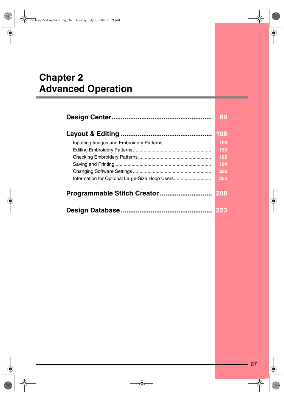 Chapter 2 advanced operation, Design center layout & editing, Programmable stitch creator design database | Brother PE-DESIGN Ver.6 User Manual | Page 75 / 272