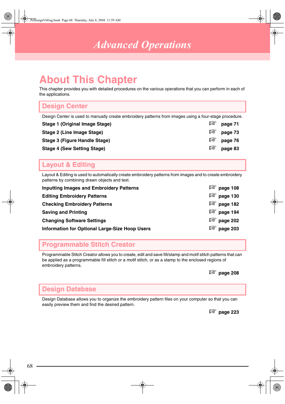 Advanced operations, About this chapter, Design center | Layout & editing, Programmable stitch creator, Design database | Brother PE-DESIGN Ver.6 User Manual | Page 76 / 272