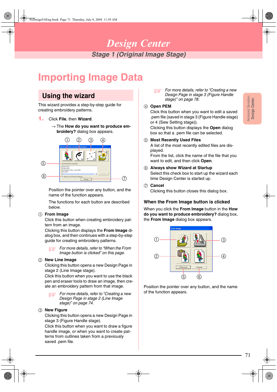 Design center, Importing image data, Using the wizard | Stage 1 (original image stage) | Brother PE-DESIGN Ver.6 User Manual | Page 79 / 272