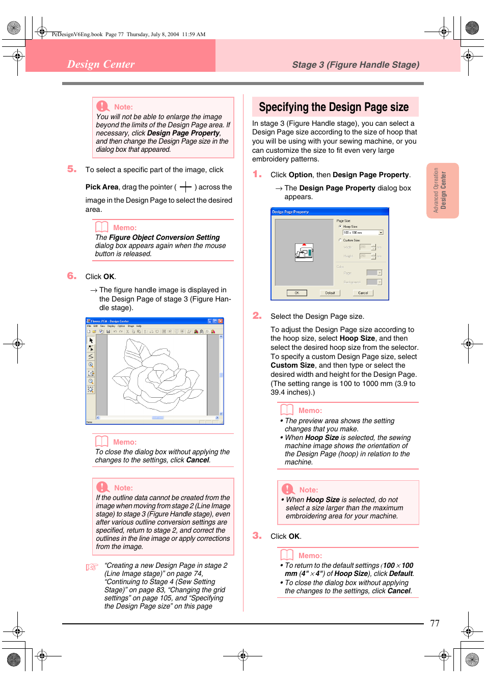 Specifying the design page size, Design center | Brother PE-DESIGN Ver.6 User Manual | Page 85 / 272