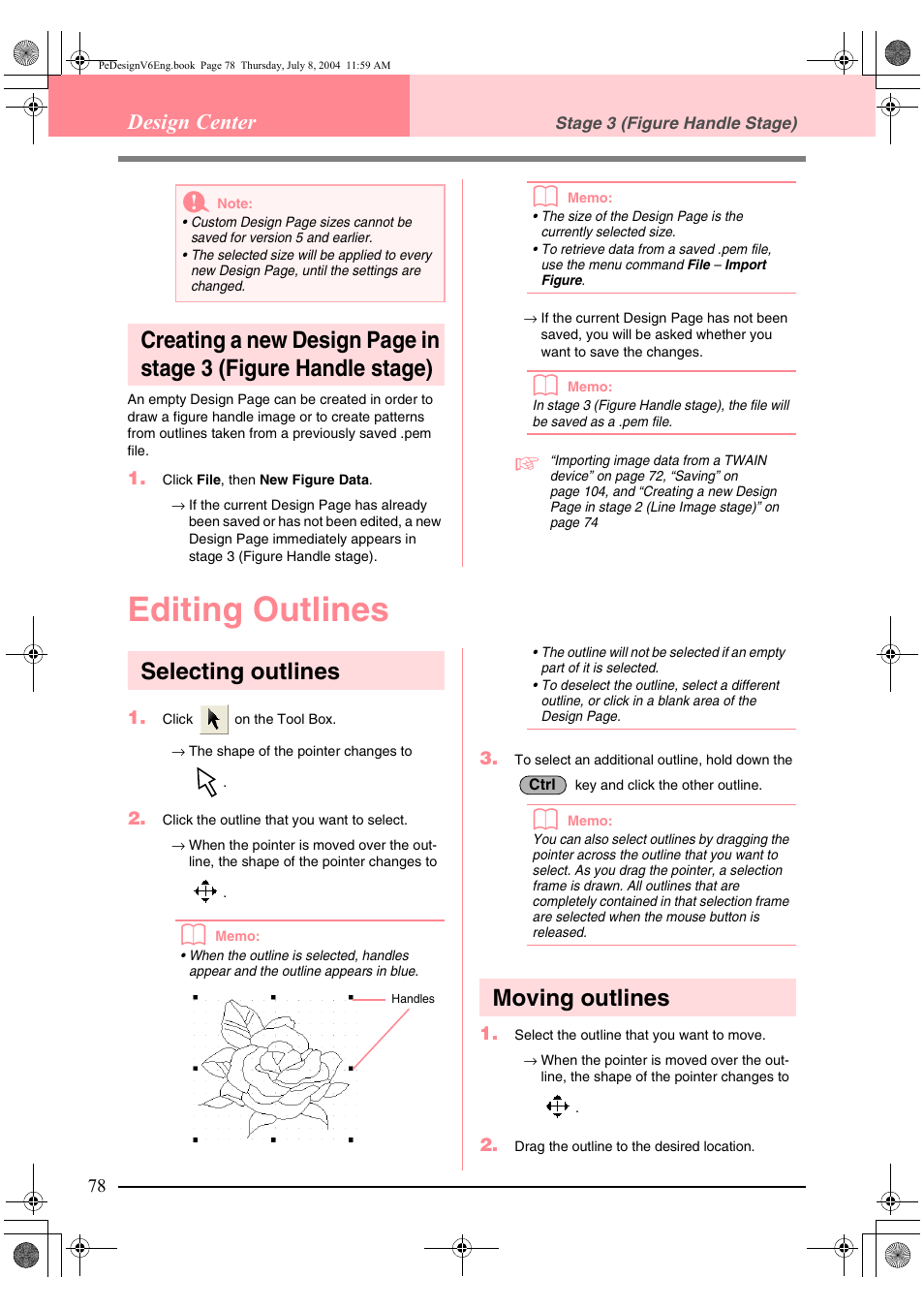 Editing outlines, Selecting outlines, Moving outlines | Design center | Brother PE-DESIGN Ver.6 User Manual | Page 86 / 272