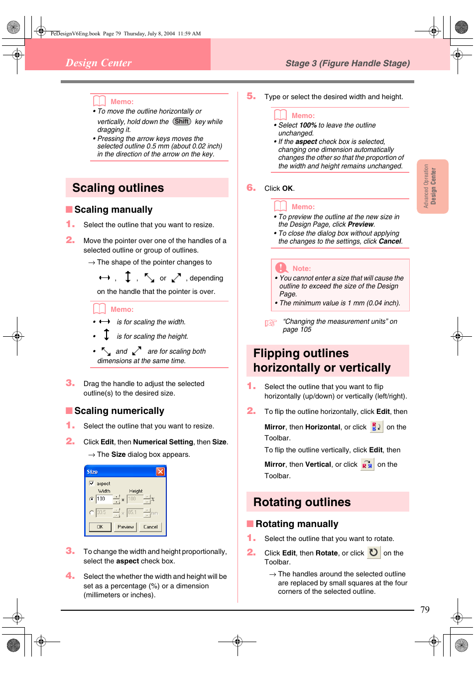 Scaling outlines, Flipping outlines horizontally or vertically, Rotating outlines | Design center | Brother PE-DESIGN Ver.6 User Manual | Page 87 / 272