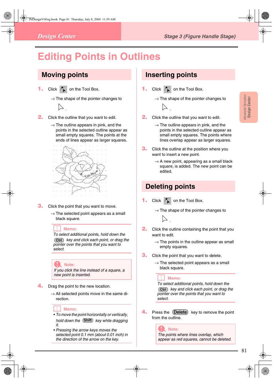 Editing points in outlines, Moving points, Inserting points | Deleting points, Design center | Brother PE-DESIGN Ver.6 User Manual | Page 89 / 272