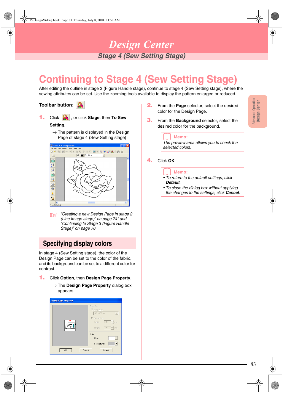 Design center, Continuing to stage 4 (sew setting stage), Specifying display colors | Stage 4 (sew setting stage) | Brother PE-DESIGN Ver.6 User Manual | Page 91 / 272
