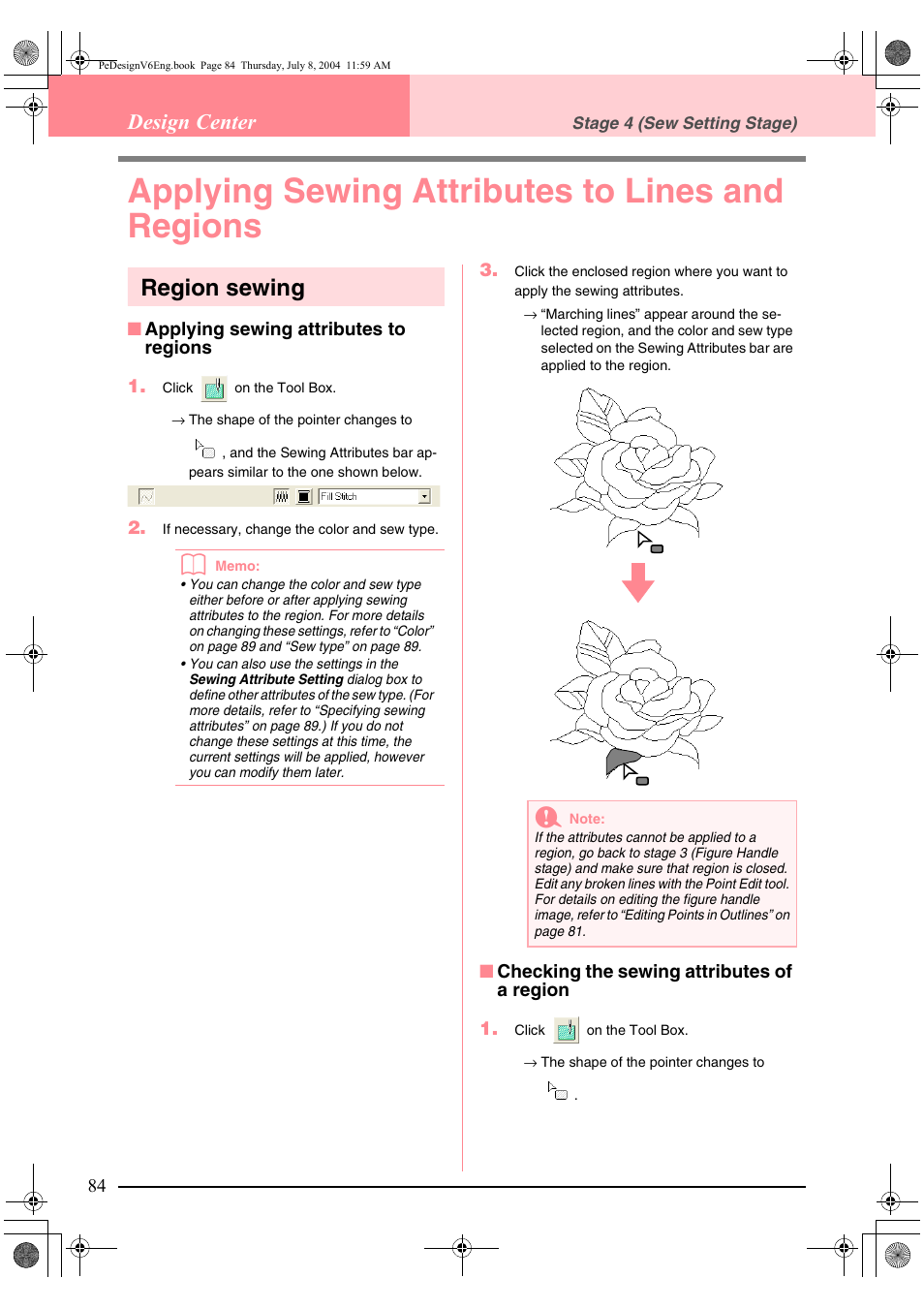 Applying sewing attributes to lines and regions, Region sewing, Design center | Brother PE-DESIGN Ver.6 User Manual | Page 92 / 272
