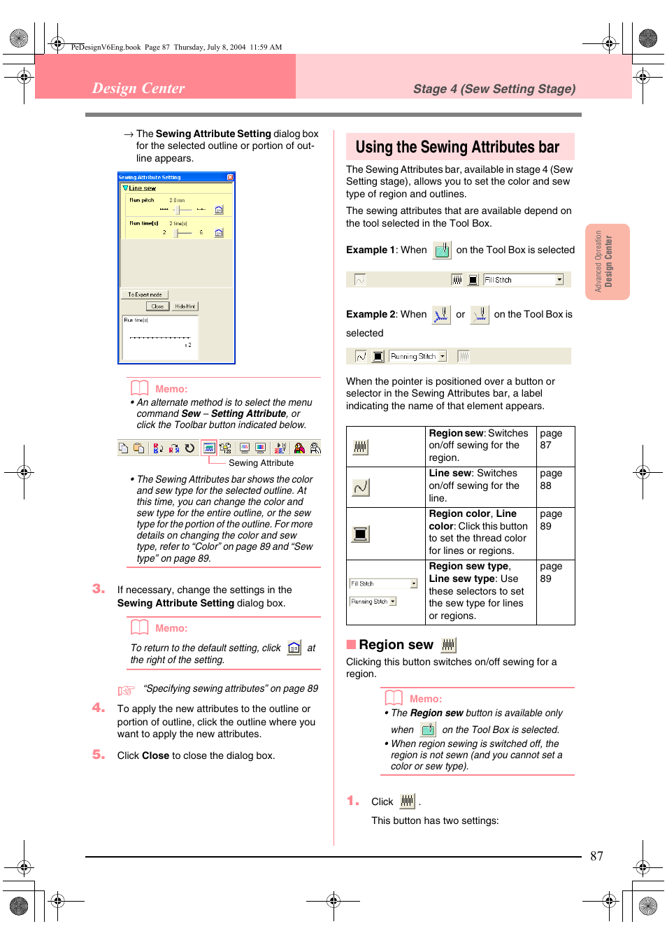 Using the sewing attributes bar, Design center, Region sew | Brother PE-DESIGN Ver.6 User Manual | Page 95 / 272