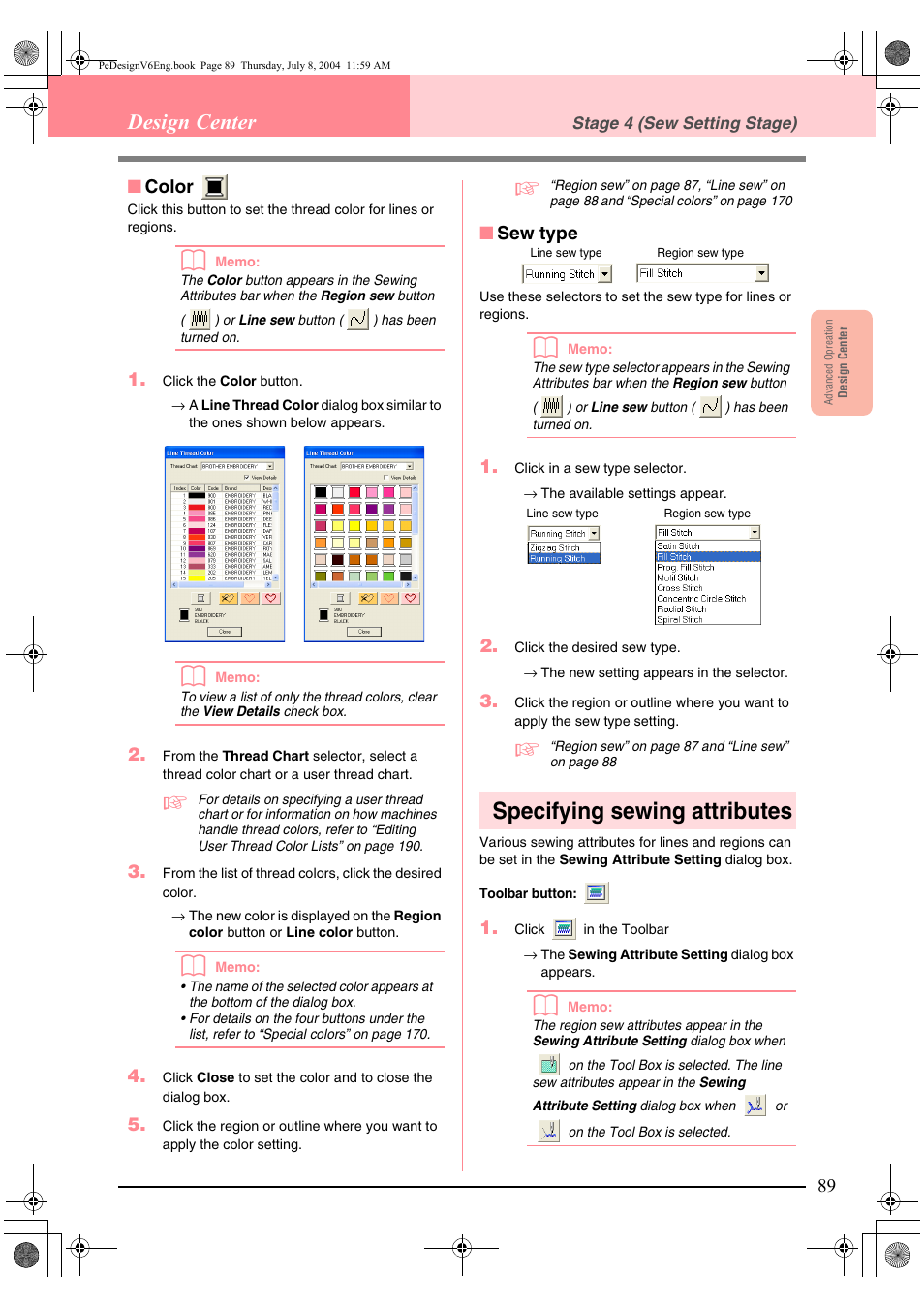 Specifying sewing attributes, Design center | Brother PE-DESIGN Ver.6 User Manual | Page 97 / 272