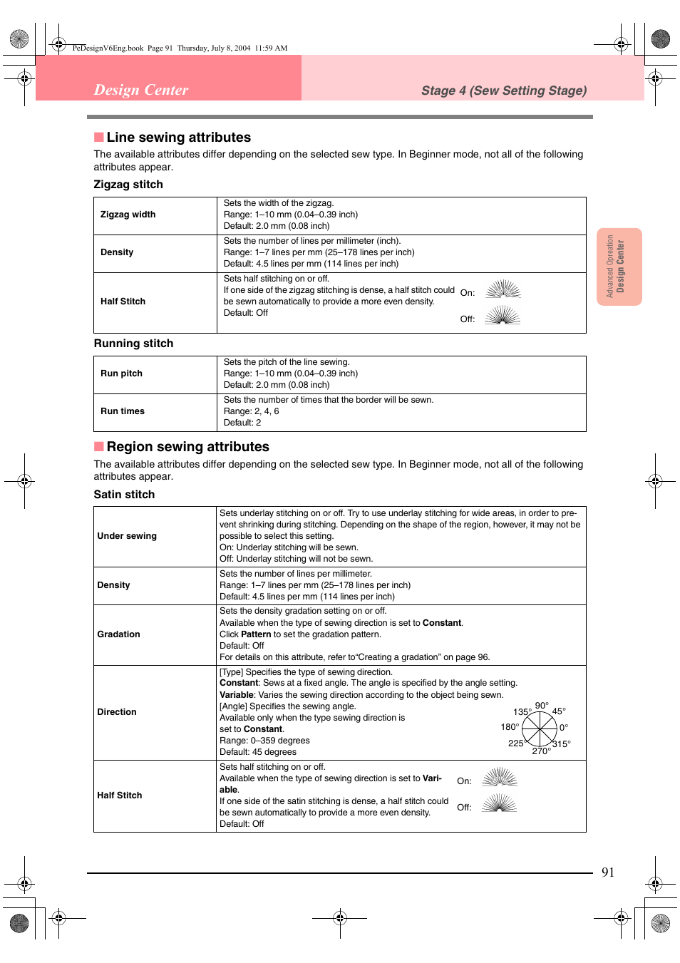 Design center, Line sewing attributes, Region sewing attributes | Stage 4 (sew setting stage) | Brother PE-DESIGN Ver.6 User Manual | Page 99 / 272