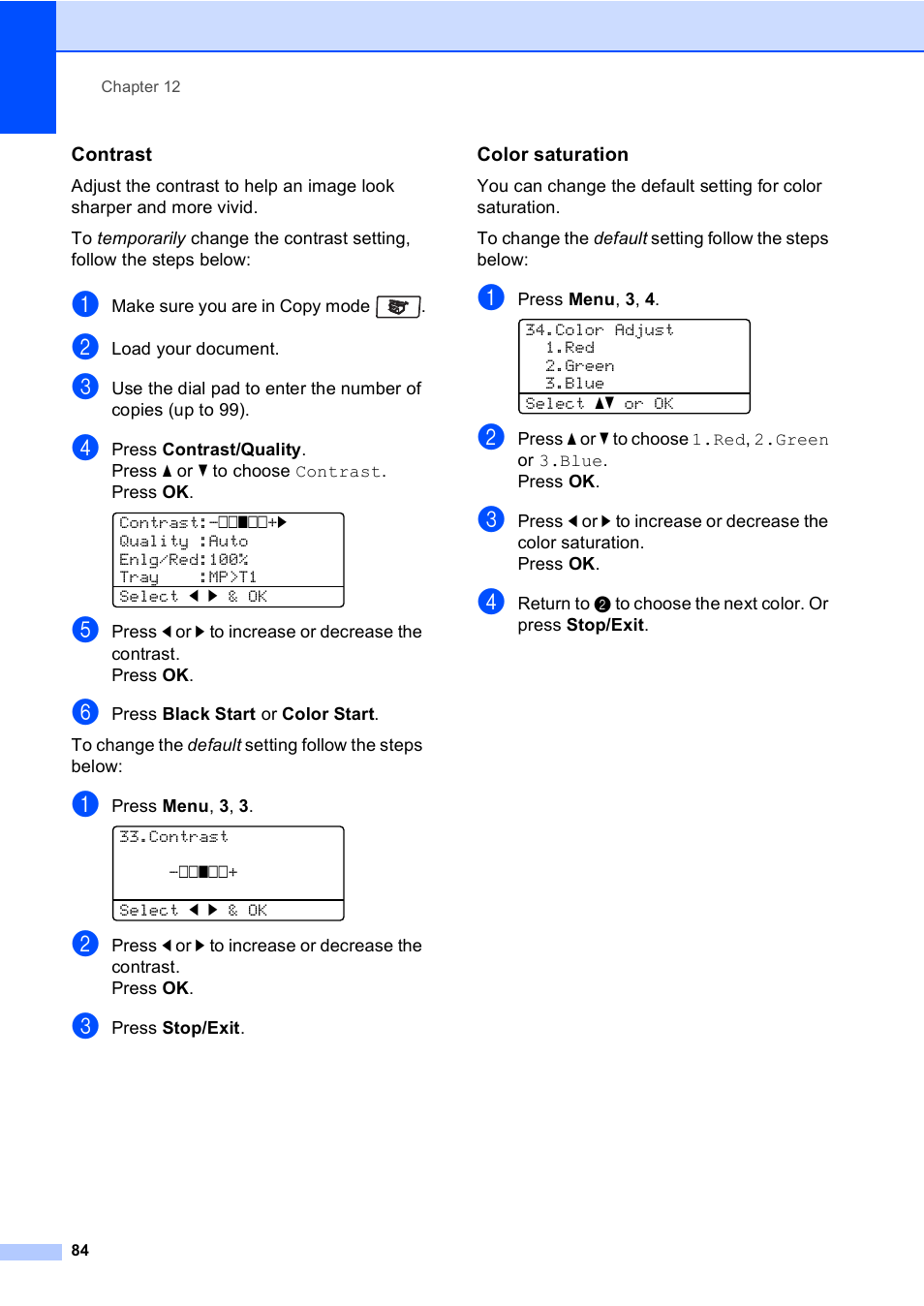 Contrast, Color saturation | Brother MFC 9840CDW User Manual | Page 100 / 265