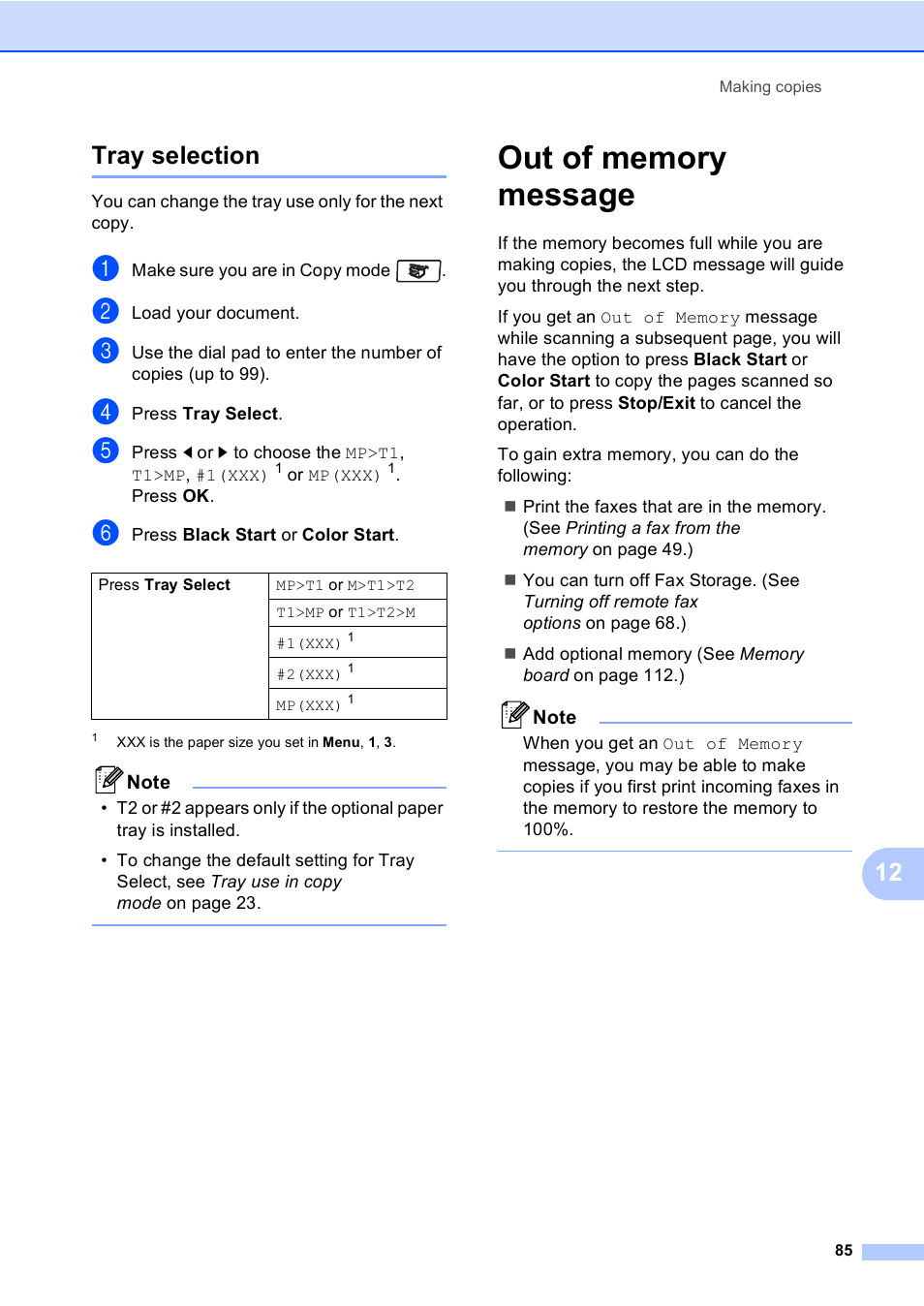 Tray selection, Out of memory message, 12 tray selection | Brother MFC 9840CDW User Manual | Page 101 / 265