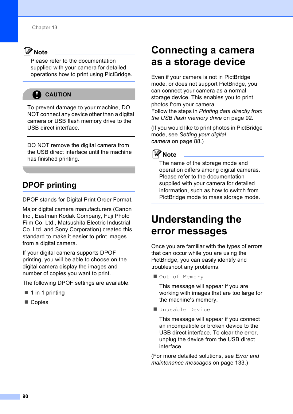 Dpof printing, Connecting a camera as a storage device, Understanding the error messages | Brother MFC 9840CDW User Manual | Page 106 / 265