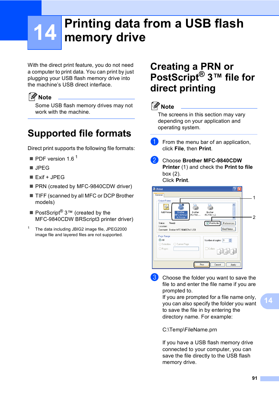 14 printing data from a usb flash memory drive, Supported file formats, Printing data from a usb flash memory drive | 3™ file for direct printing, Creating a prn or postscript | Brother MFC 9840CDW User Manual | Page 107 / 265