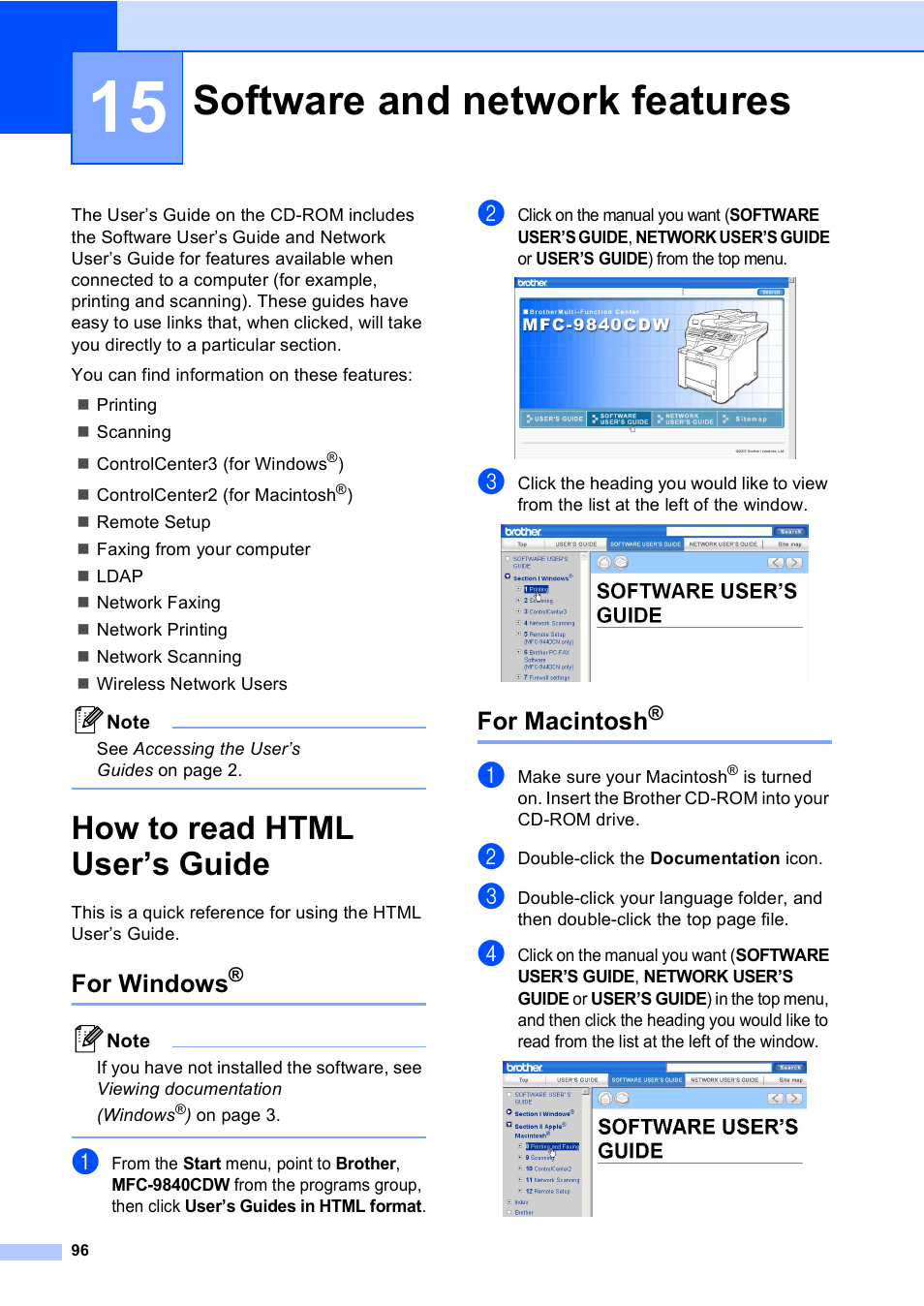 15 software and network features, How to read html user’s guide, For windows | For macintosh, Software and network features | Brother MFC 9840CDW User Manual | Page 112 / 265