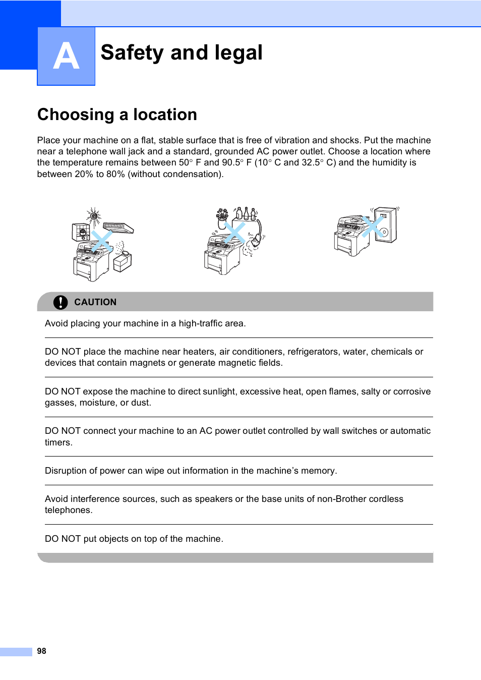 A safety and legal, Choosing a location, Safety and legal | Avoid placing your machine in a high-traffic area, Do not put objects on top of the machine | Brother MFC 9840CDW User Manual | Page 114 / 265
