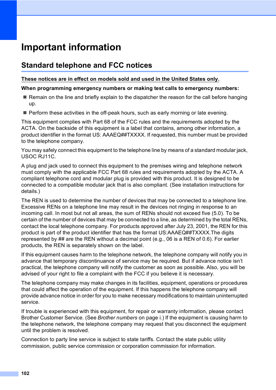 Important information, Standard telephone and fcc notices | Brother MFC 9840CDW User Manual | Page 118 / 265