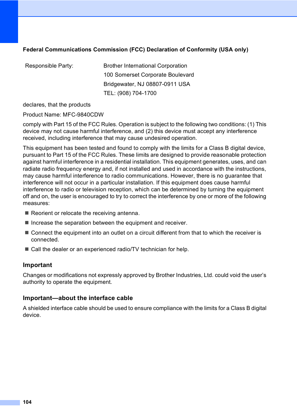 Important, Important-about the interface cable | Brother MFC 9840CDW User Manual | Page 120 / 265