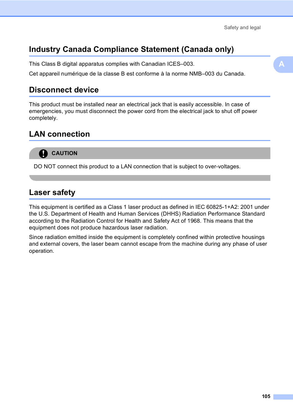 Industry canada compliance statement (canada only), Disconnect device, Lan connection | Laser safety | Brother MFC 9840CDW User Manual | Page 121 / 265