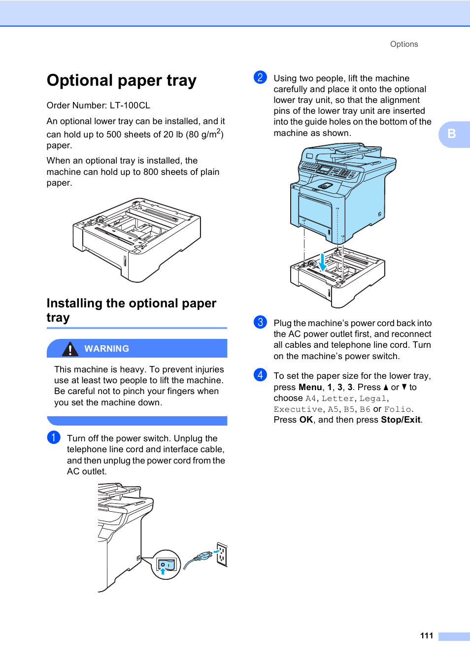 Optional paper tray, Installing the optional paper tray | Brother MFC 9840CDW User Manual | Page 127 / 265